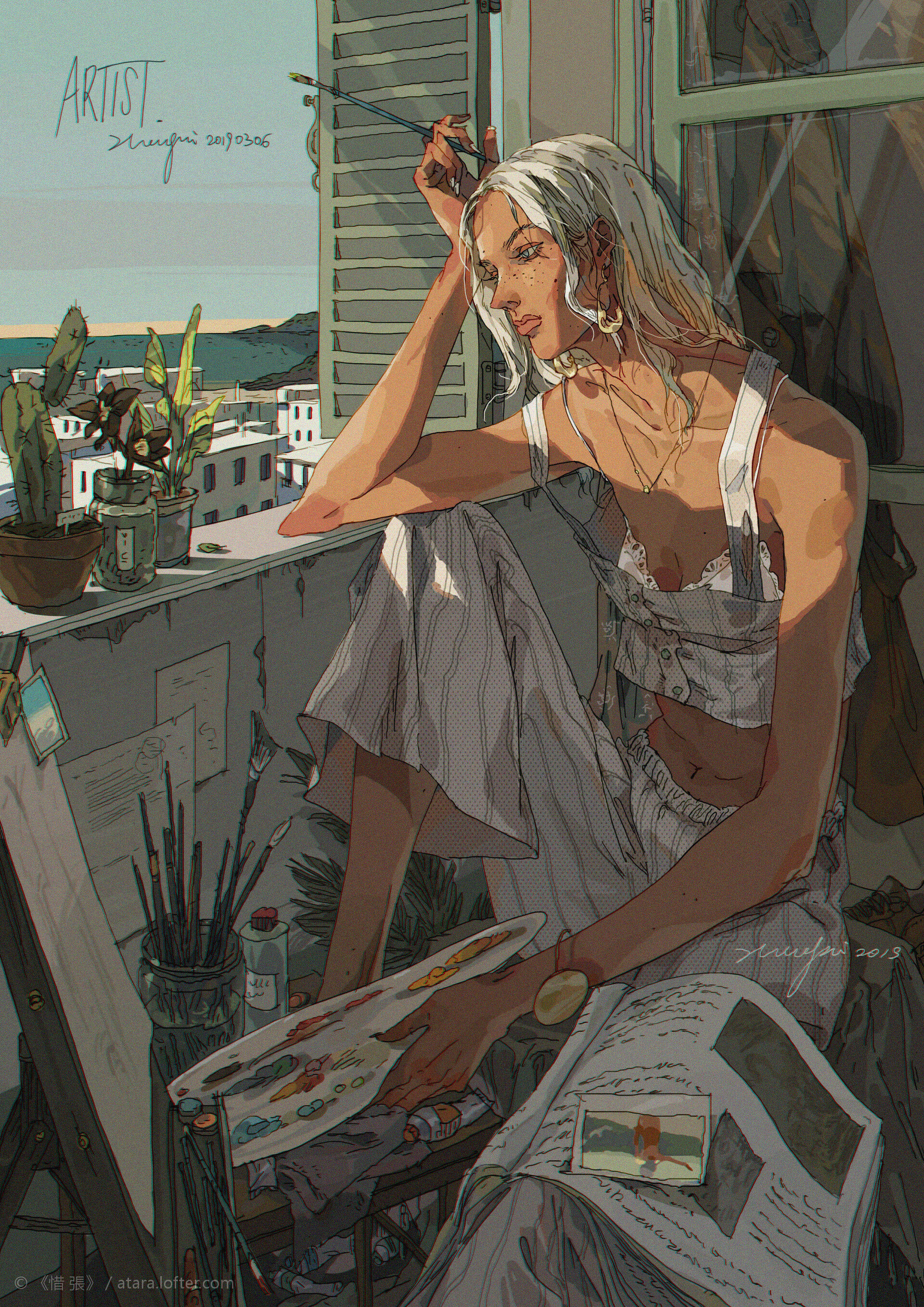 a digital illustration of a young woman sitting by a window with a paint palette in her lap. she has one hand resting on the palette and the other holding a paintbrush. she is looking off to the side. through the window, we can see a view of a city and the sea. there are plants by the window sill, and the room is filled with natural light. the artwork has a soft, dreamy aesthetic.
