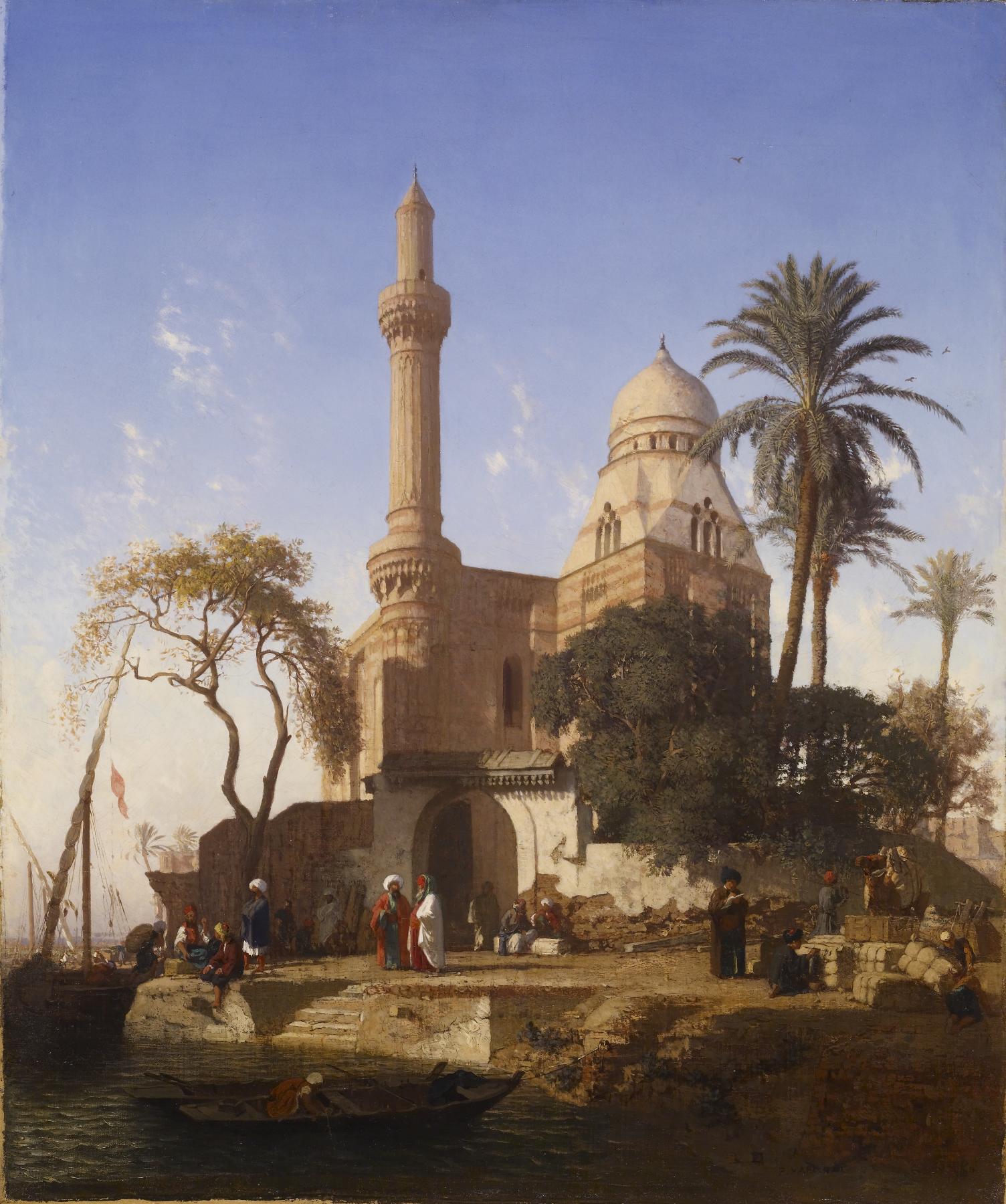 the image is a painting depicting a landscape with a river and a mosque. the mosque features a tall minaret and a dome, showcasing oriental architecture. people are present near the river and the building, engaging in various activities. a boat is docked at the harbor, adding to the scene. palm trees and other vegetation are scattered around the area. the sky is blue with some clouds. the style is reminiscent of orientalist art.
