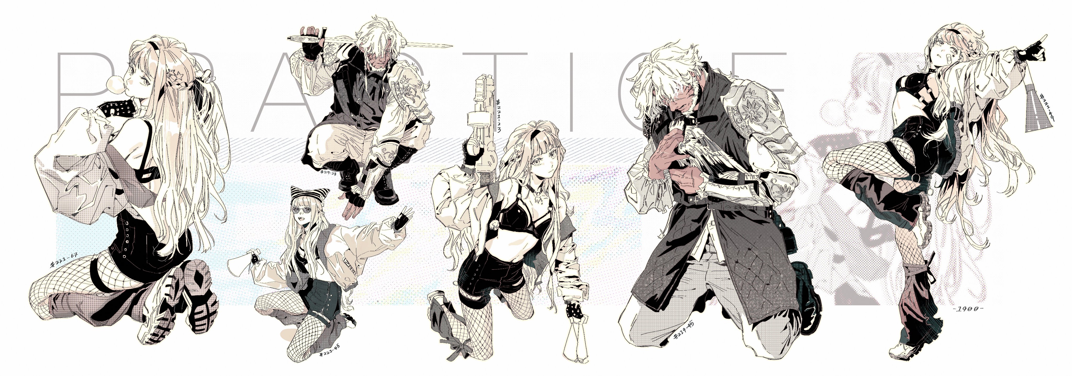 the image is a collection of anime character illustrations in a variety of poses and clothing styles. there are five characters in total, all of them are young and stylish. the characters are drawn in a semirealistic style with detailed clothing and hair. they are set against a white background with a grid pattern.