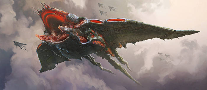 a large, monstrous spaceship flies through a cloudy sky. its underside is a gaping maw of teeth and flesh, suggesting it is either organic or heavily inspired by organic life. smaller, more conventionally designed ships fly around it, dwarfed by its size.