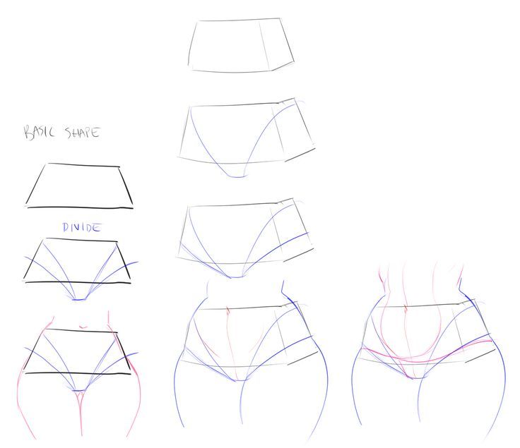 the image is a stepbystep drawing tutorial on how to draw female hips from a side view. it breaks down the process into simple shapes and guidelines, making it easier for aspiring artists to learn.