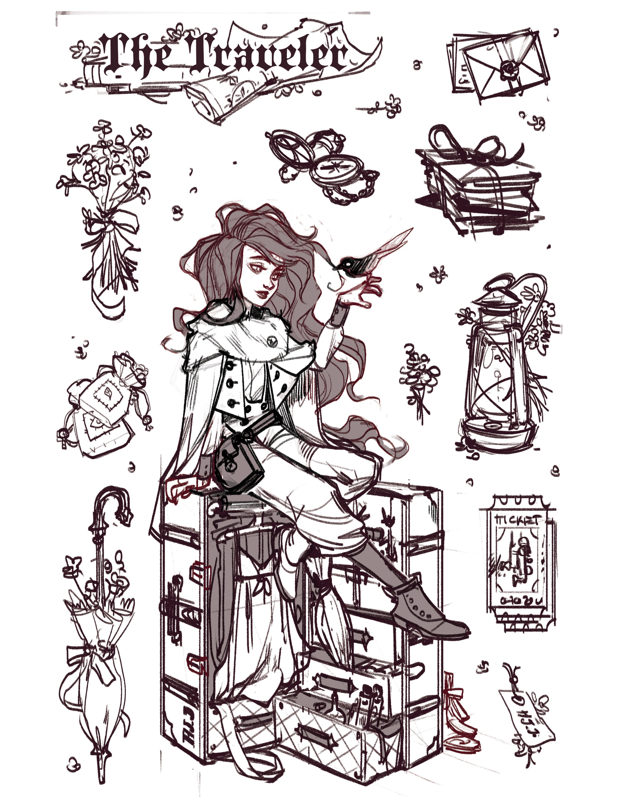 the image is a detailed line art sketch or drawing of a young woman, possibly a fantasy or steampunk character,  sitting on a large, ornate vintage suitcase. she's dressed in a coat and trousers suggesting a journey. she holds a small bird. surrounding her are various objects suggestive of travel: an antique compass, letters, a ticket, a lantern, flowers, and an umbrella, all rendered in a whimsical, slightly antique style. the overall style is reminiscent of concept art for a book or game, with a title "the traveler" prominently displayed.  the drawing style is fluid and expressive, using line weight and shading to create depth and texture.  the scene is packed with detail, suggesting a rich and evocative narrative.