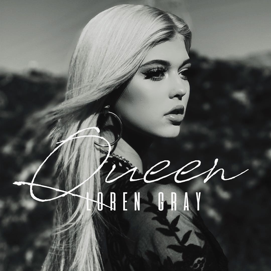 black and white image of singer loren gray's album cover "queen." the image is a side portrait of her, wearing large hoop earrings. the words "queen" is superimposed over her image and her name "loren gray" is beneath "queen."