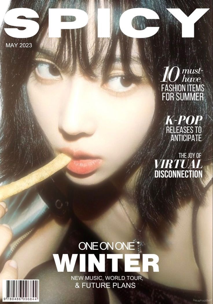a closeup shot of a young woman against a dark background. she has short, dark hair and is wearing a black top. she is holding a french fry in her mouth and looking directly at the camera. the image is stylized to look like the cover of a magazine called "spicy," with various cover lines relating to fashion, music, and pop culture.