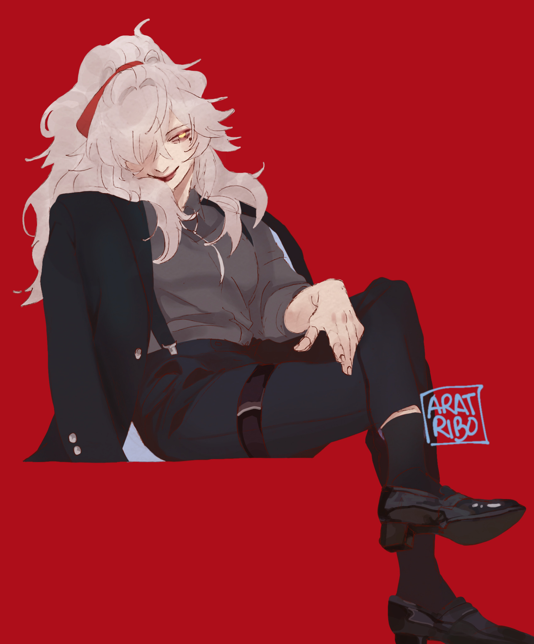 the image features an animestyle girl with white hair tied with a red ribbon sitting with her legs crossed, wearing a black suit and black shoes, and a smirk on her face. the background is red.