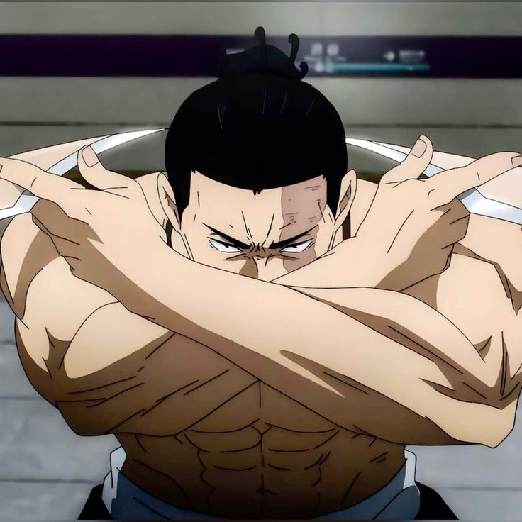 the illustration showcases a muscular man from the waist up, positioned front and center. he has dark hair tied in a topknot and a scar running vertically down one side of his face. his intense expression is highlighted by the lighting, casting shadows across his defined physique. his arms are crossed, each hand gripping a pair of short, sharp blades. he appears poised for a fight, radiating an aura of strength and determination.