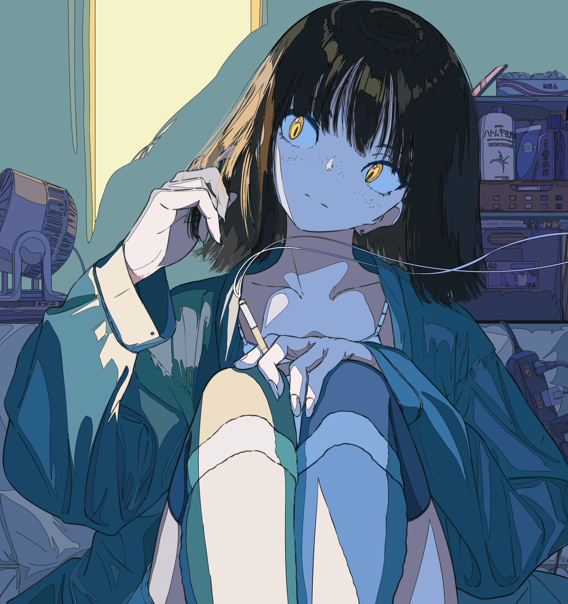 the image is a digital illustration depicting a young animestyle girl with dark hair and bangs. she's sitting indoors in what looks like her bedroom, wearing a teal jacket and long socks.  she has a pensive expression and appears to be listening to something through earbuds. her eyes are a striking yellow, and she has noticeable freckles. the overall atmosphere is moody and serene, with a blend of soft and sharp lines in the artwork. the room's details, including a fan and what looks like a cassette player, add context to the scene.  the style is reminiscent of contemporary digital illustration, leaning towards a slightly melancholic and stylistic presentation.