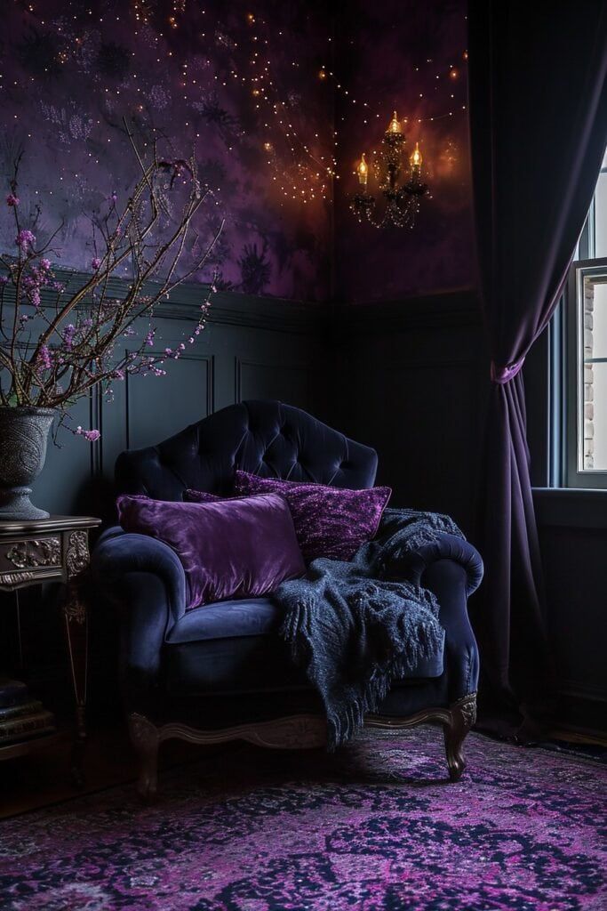 a richly decorated room featuring a dark blue velvet chair with purple pillows and a gray blanket. the room is adorned with a purple patterned rug, dark curtains, and a chandelier. there's a table with a vase of flowers and the walls have a dark, mysterious aesthetic with starry lights.