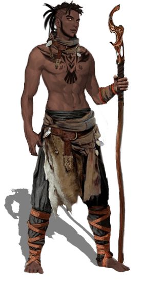 a fantasy warrior stands holding a staff. he is bare chested and has a loincloth, leather and fur pants, and  tattoos on his chest.  he is dark skinned and has dreadlocks.