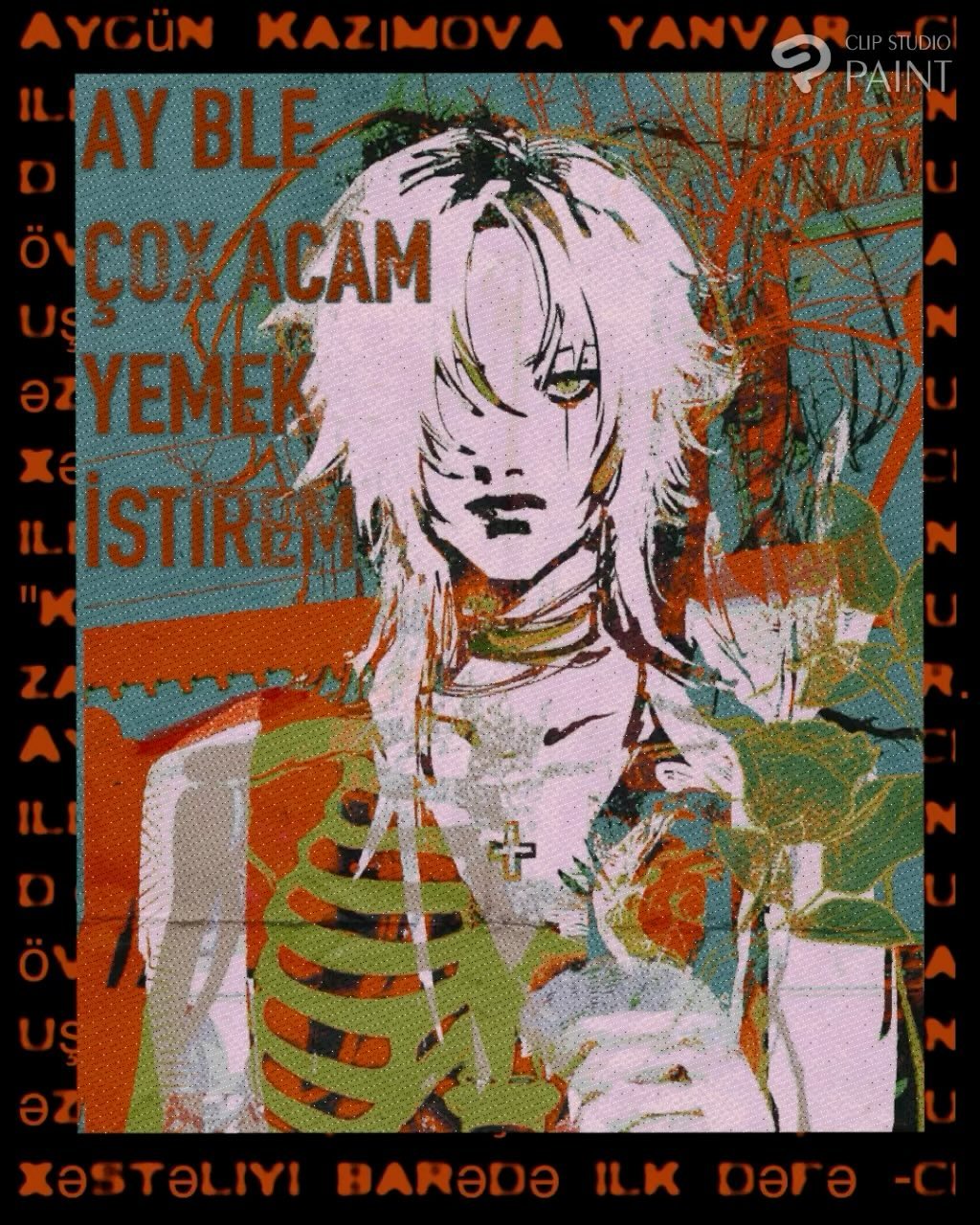 he image is a digital artwork featuring a stylized portrait of aygün kazımova, a turkish singer.  the style is a blend of grunge, collage, and abstract elements, with a heavily textured background and overlaid text in turkish. the portrait is highly expressive, with a focus on the subject's eyes and facial features.  elements such as a rose, a ribcage motif, and a cross suggest a blend of vulnerability and strength. the overall aesthetic is edgy, alternative, and visually striking, suitable for use as album art or a single cover. the text appears to be song lyrics or descriptive phrases related to the artist or her work.  the "clip studio paint" watermark is visible.