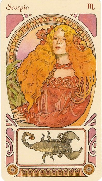 the image is an art nouveau style illustration of the zodiac sign scorpio. it features a woman with long, flowing redgolden hair adorned with flowers, set against a decorative background. below her is a detailed depiction of a scorpion, the animal symbol of scorpio. the card is framed with ornate patterns and borders, typical of the art nouveau aesthetic. the word "scorpio" is written at the top left and the sign is at the top right of the card.