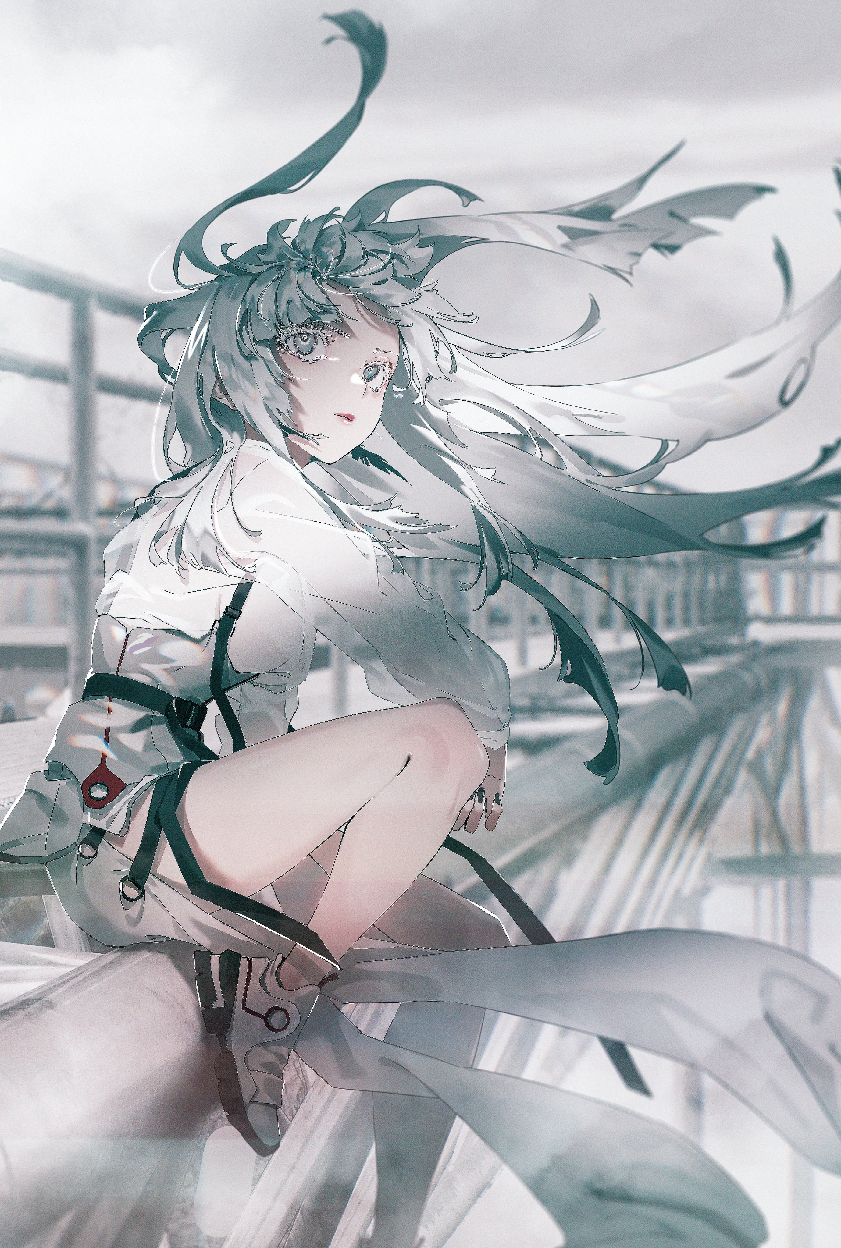 the image is a digital painting of a young anime girl with long white hair, wearing a white dress. she is sitting on a metal structure, with her legs dangling over the edge. her hair is blowing in the wind, and she has a sad and lonely expression on her face. the background is a blurry white, with a sense of emptiness and despair.