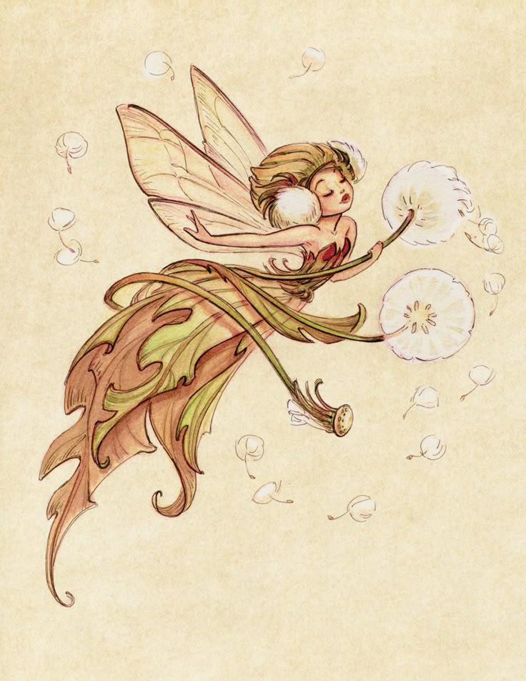 the image is a vintagestyle illustration of a fairy gently blowing on a dandelion. the fairy has delicate wings, wears a leafy dress, and has fluffy hair ornaments. dandelion seeds are floating around her, and the artwork has a whimsical, dreamlike quality.