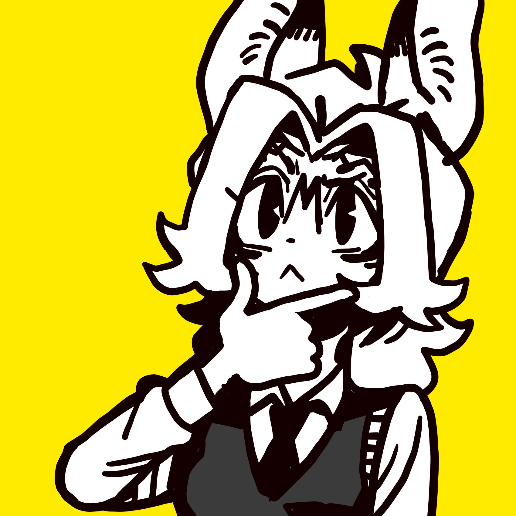 a black and white illustration of a cartoon girl with big eyes and a smile is thinking while holding her chin with her right hand. she is wearing a vest, short hair with rabbit ears, and is standing in front of a yellow background.