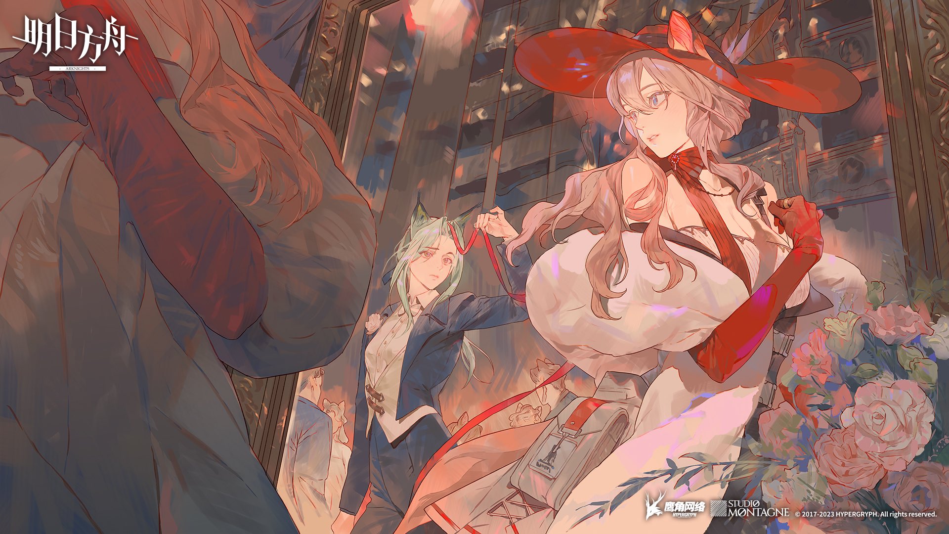the image is a promotional artwork for the mobile game arknights. it features two women in a city setting. the woman on the right is wearing a large red hat and dress with matching gloves. the woman on the left is wearing a dark suit. there are roses in the foreground. the background is an urban cityscape with buildings. the art style is reminiscent of anime.