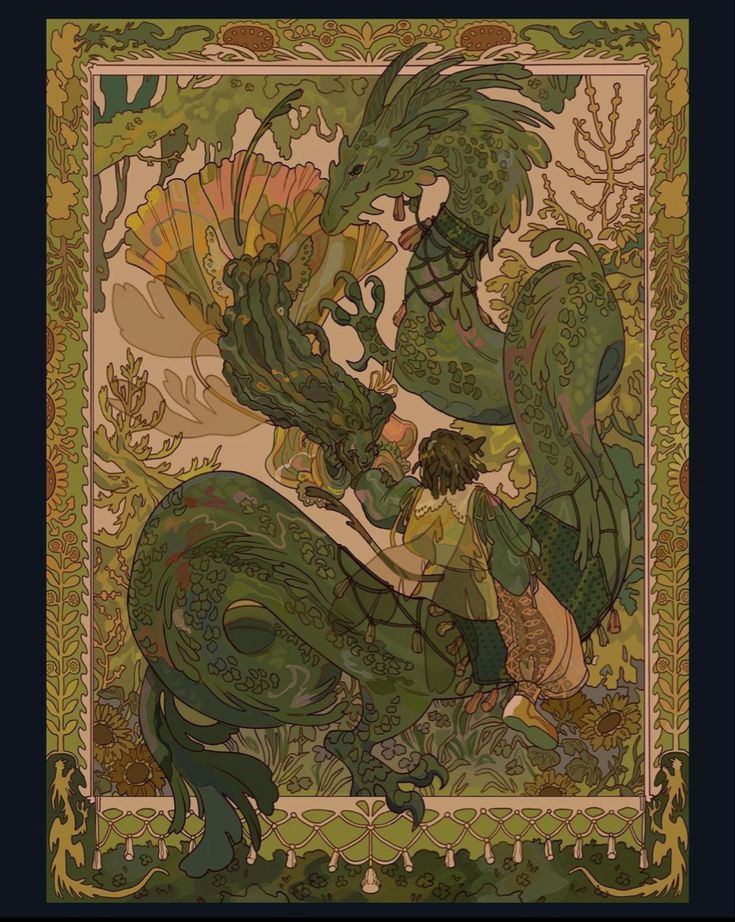 he image is a digital illustration in the style of art nouveau. it depicts a scene within an ornate frame, resembling a tapestry or decorative panel.  the central figures are a large, green, serpentine dragonlike creature and a person (possibly a woman or a person with androgynous features) who appears to be riding or interacting with it. the dragon is richly detailed with scales and leafy, almost plantlike textures.  the person is dressed in flowing, lightcolored clothing.  the background is filled with lush vegetation, including large leaves, flowers (including sunflowers), and other stylized plant forms, creating a dense, fantastical forest setting. the overall color palette is dominated by various shades of green, with accents of beige, yellow, and other muted earth tones. the style is reminiscent of alphonse mucha or other art nouveau artists. the high level of detail and the use of flowing lines and curves create a feeling of both elegance and whimsy.