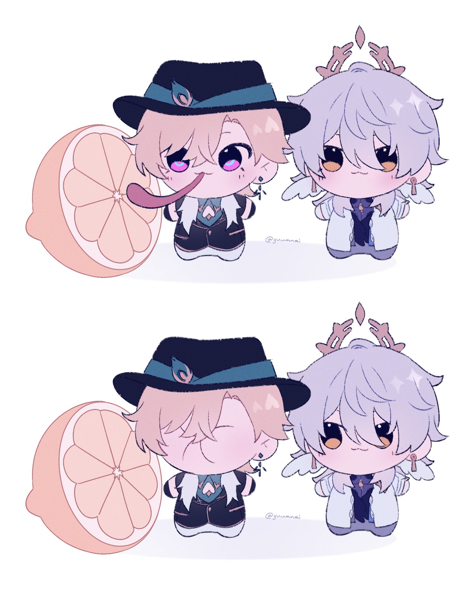 the image features two cute anime chibi characters, one with a hat and the other with white hair and horns, both drawn in a cartoon style. the character with the hat is holding a lemon and both characters are smiling. the background is white and there is a light purple shade surrounding the characters.