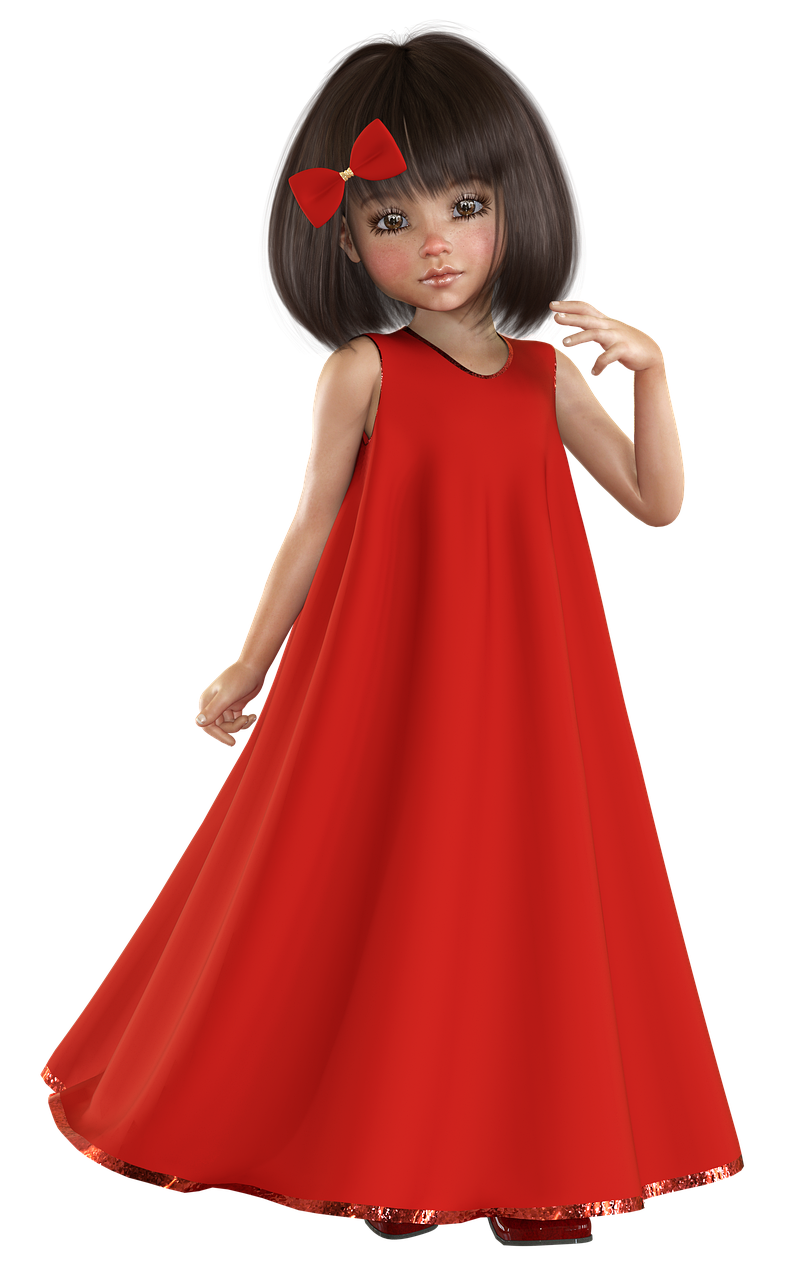 a digital illustration of a young girl with dark hair and a red bow in her hair. she is wearing a long, flowing red dress and standing against a black background.