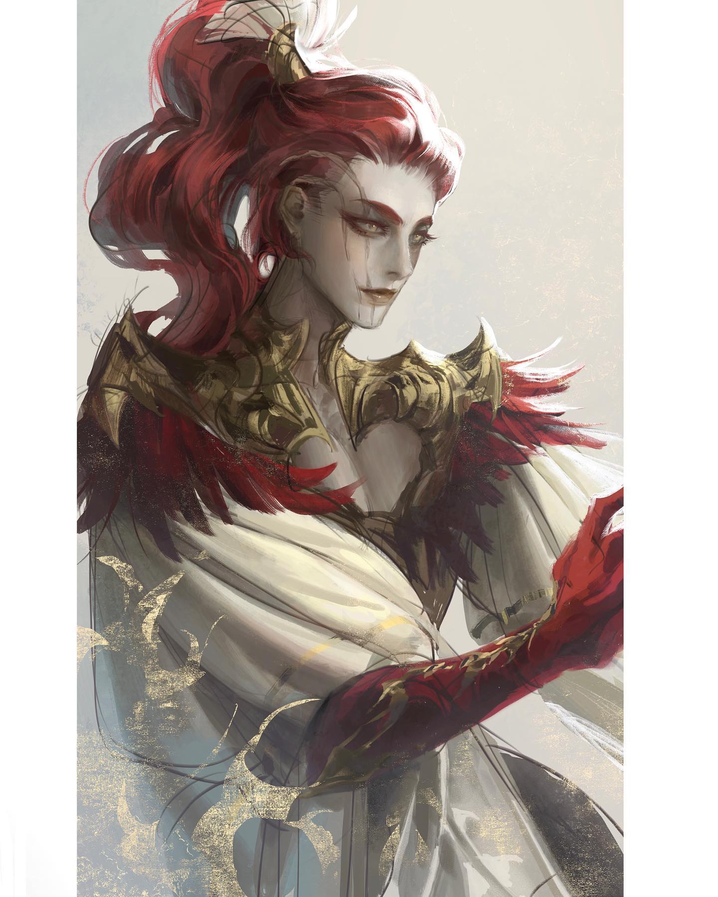 the image showcases a digital painting of a female warrior with vibrant red hair styled in an elaborate updo.  she wears ornate gold armor with red feather accents over a flowing white dress. the artwork has a soft, ethereal quality with lighting originating from the top left, creating subtle shadows and highlights on her face and attire. the perspective is slightly from below, emphasizing her strong and confident posture.