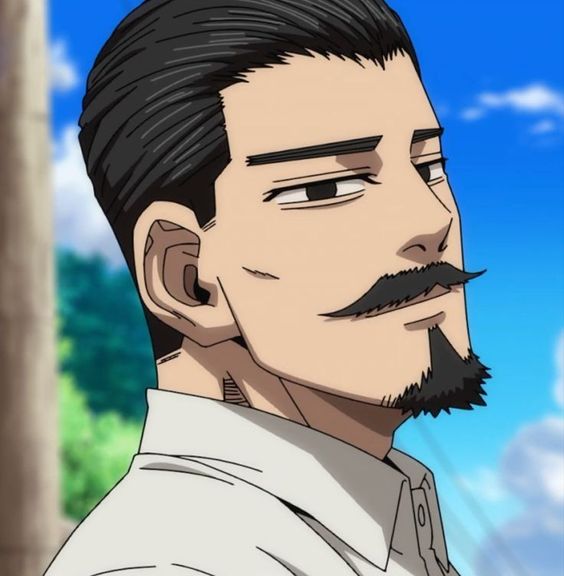 this is a closeup illustration of an adult male anime character with a distinctive handlebar mustache and goatee. he has slickedback dark hair and a neutral expression. the setting appears to be outdoors, with a clear blue sky in the background.