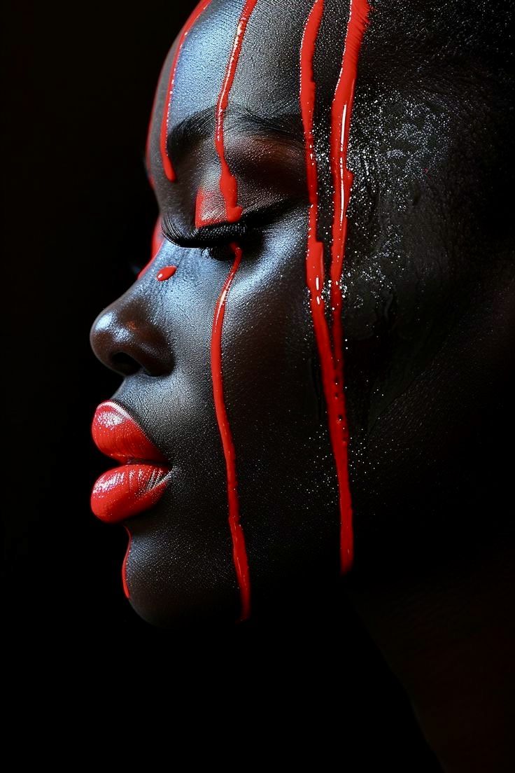 the image is a closeup profile shot of a black woman's face. her skin is dark and appears to be painted black or covered in a dark substance.  several thick, vertical streaks of bright red paint run down her face, contrasting dramatically with the dark background and her skin. her lips are also painted a vibrant red. the overall effect is dramatic, artistic, and somewhat mysterious. the lighting highlights the texture of the skin and the glossiness of the red paint. the image feels both sensual and highfashion,  with an avantgarde style.