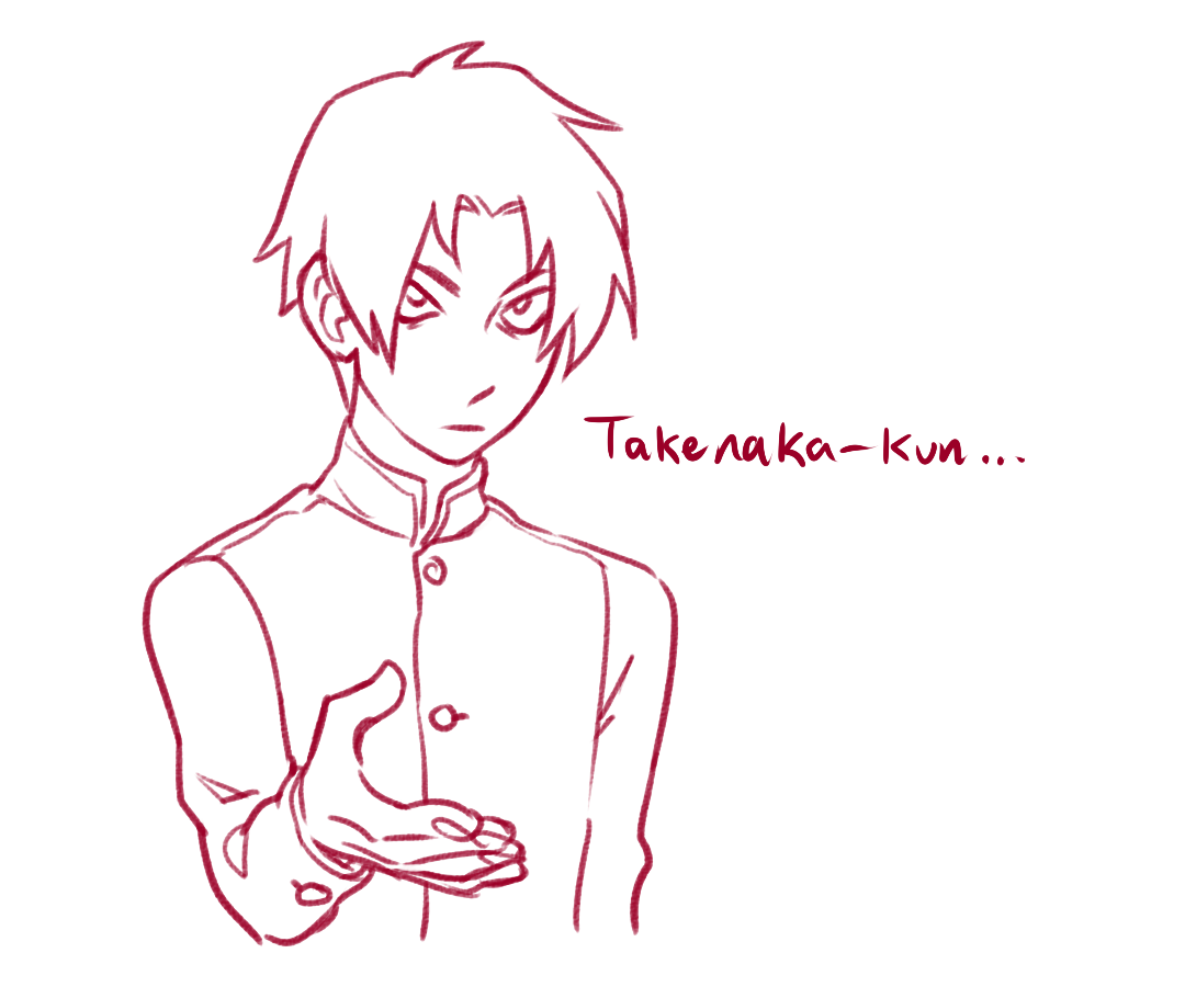 the image is a simple drawing of a young man, likely an anime or manga character, with short, spiky hair and an intense expression. he's wearing a traditional japanese school uniform and is extending his hand towards the viewer in a gesture of invitation or possibly a challenge.  the text next to him reads "takelakakun..." suggesting this is the character's name.  the artwork is unfinished, rendered solely in shades of red against a white background.