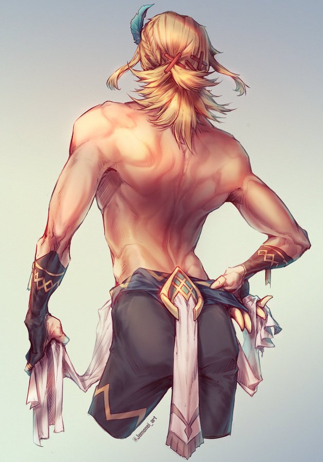 the image is a digital painting of a muscular male character from the back. his blond hair is styled in a ponytail and he's wearing a dark loincloth with lightcolored fabric draped across his lower back and around his waist.  he has  tribalstyle arm bands and a feather ornament in his hair. the overall style is fantasyinspired and features detailed rendering of the character's anatomy and clothing. the art style is smooth and features a balanced use of light and shadow to highlight the character's musculature and clothing details.  the background is a simple, muted light tone.