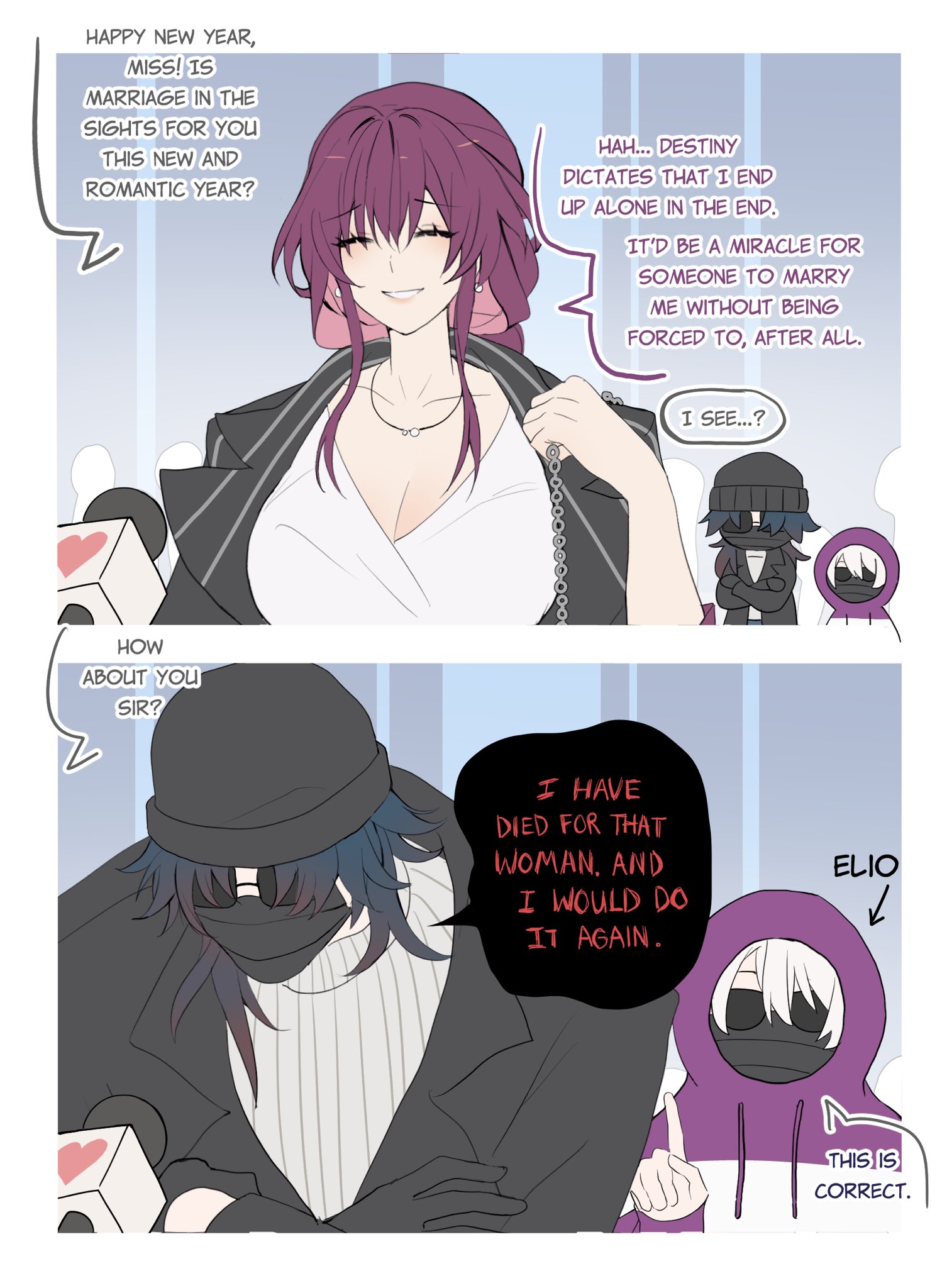the image is a comic panel from a webtoon or webcomic.  the first panel features a woman with purple hair in a white top and black jacket. she is smiling, but her speech bubble indicates she is sad about being alone.  a small man and woman in the background appear to be commenting. the second panel features a man in black and a man in purple.  the man in black says he would die for the woman, and the man in purple agrees, saying "this is correct."  the image is a cute and humorous representation of a love story in a webcomic.