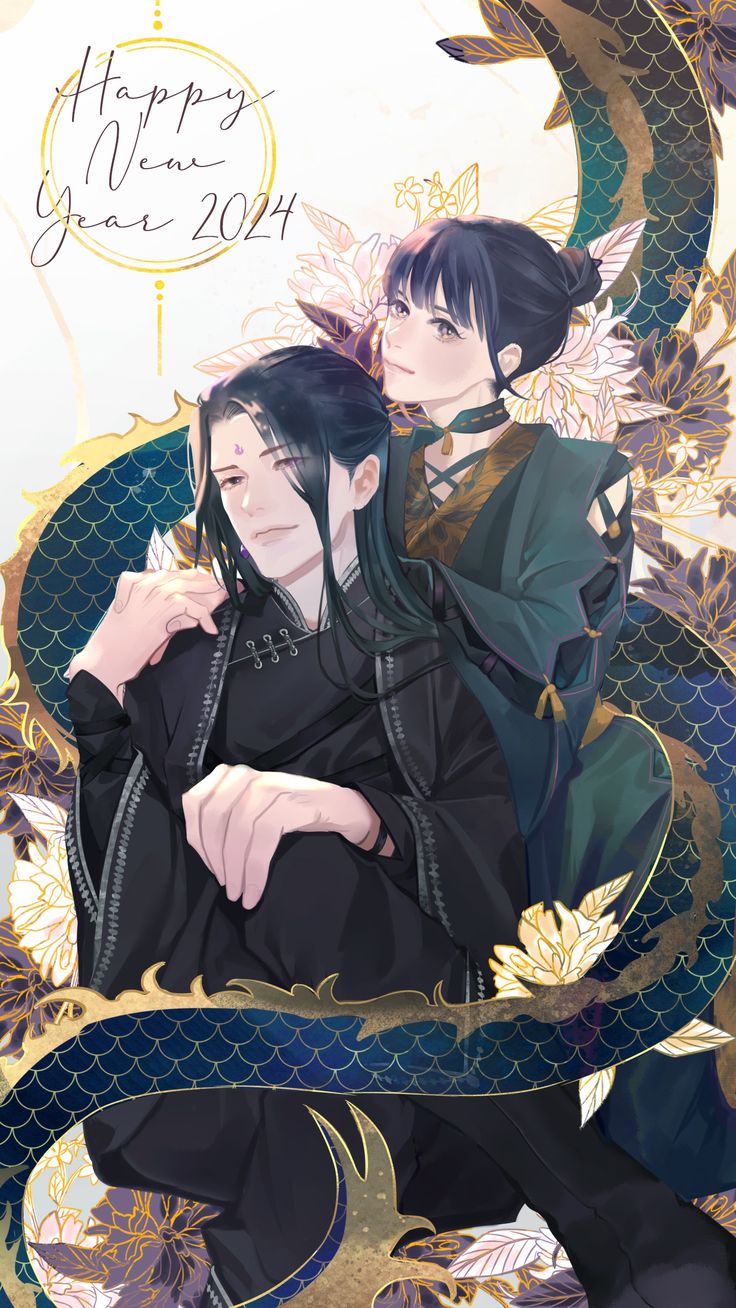 he image is a digital painting of a young anime couple dressed in elegant chinese clothing. the man is wearing a darkcolored hanfu, while the woman wears a tealcolored hanfu. they are embracing, and a large, golden dragon is depicted behind them, entwined with flowers.  the text "happy new year 2024" is prominently displayed. the overall style is romantic and fantasybased, with intricate details in the clothing, dragon, and floral elements. the colors are soft and muted, creating a serene atmosphere.