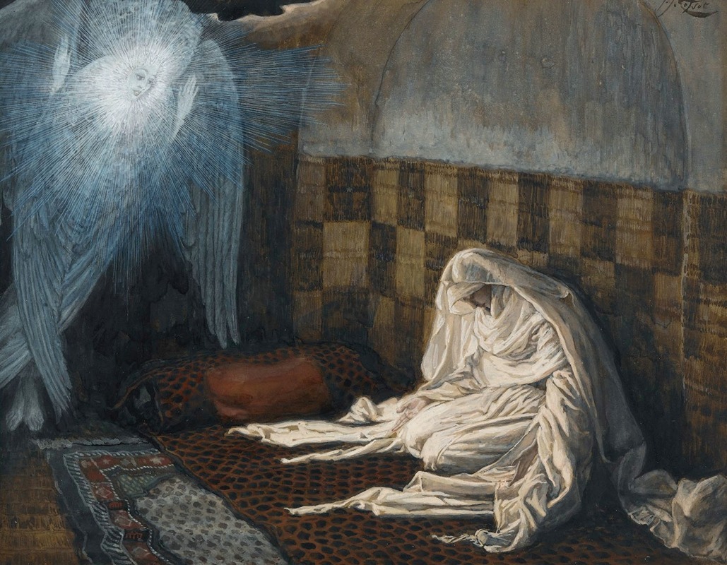 the image depicts the annunciation scene, where the angel gabriel appears to mary. mary is shown in a humble room, kneeling on a prayer rug with a cushion nearby, covered in a white robe and veil. the angel, rendered in a radiant, ethereal form with large wings, stands beside her. the room has a checkered wall pattern. the scene is lit with a divine light emanating from the angel. the artwork is a watercolor painting by gustave moreau.