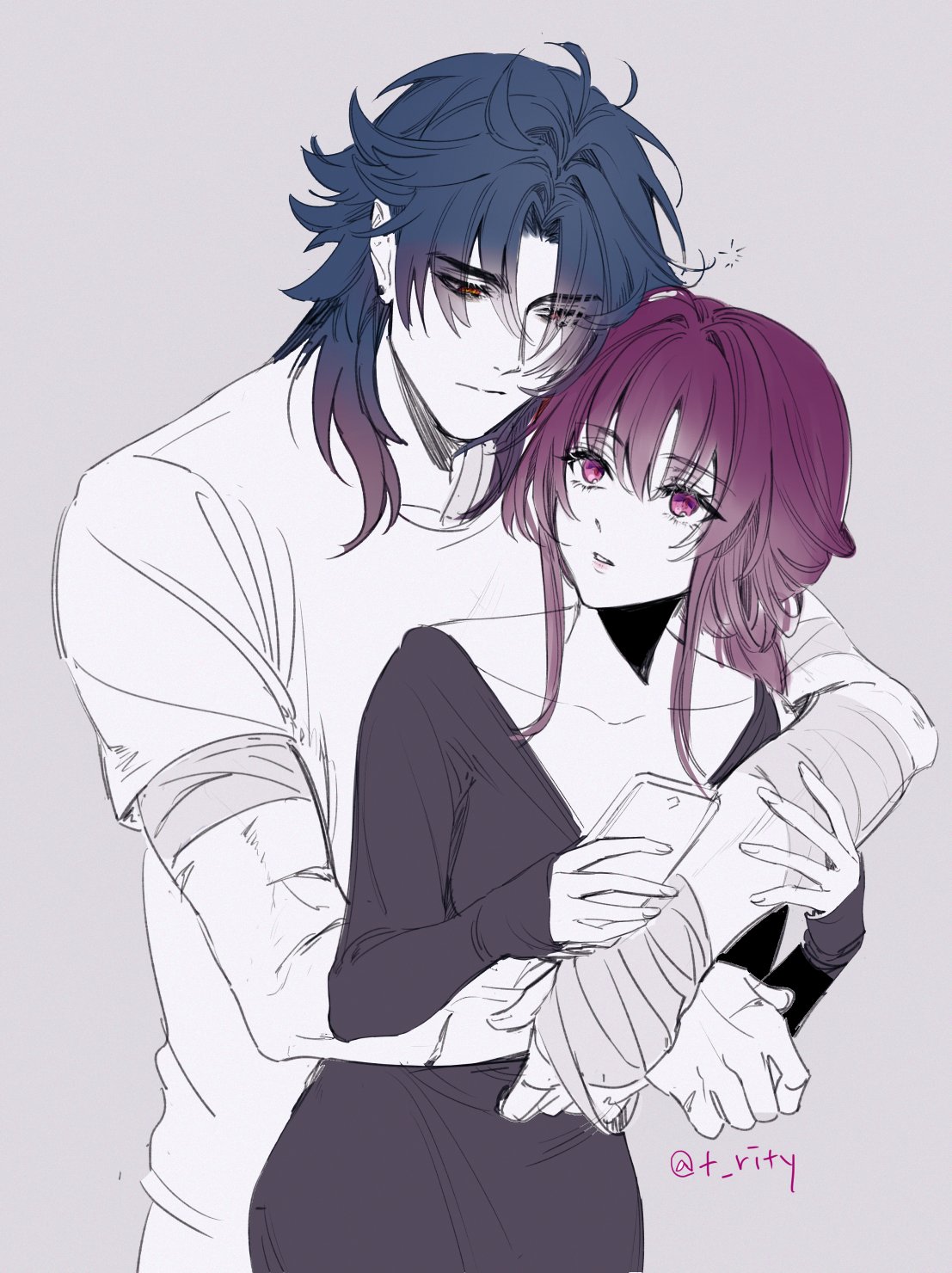 the image is a digital drawing/fanart depicting a romantic scene between a man and a woman. the man has long, dark blue hair and is wearing a simple white tshirt, with a bandage on his arm suggesting an injury. the woman has long, purplishpink hair and is wearing a darkcolored dress.  they are embracing closely, with the man's arm around the woman's waist and her holding a smartphone.  the art style is soft and somewhat sketchy, with a blend of grayscale and muted color tones. the overall mood is intimate and tender. the artist's signature, "@+rity," is visible in the bottom right corner.