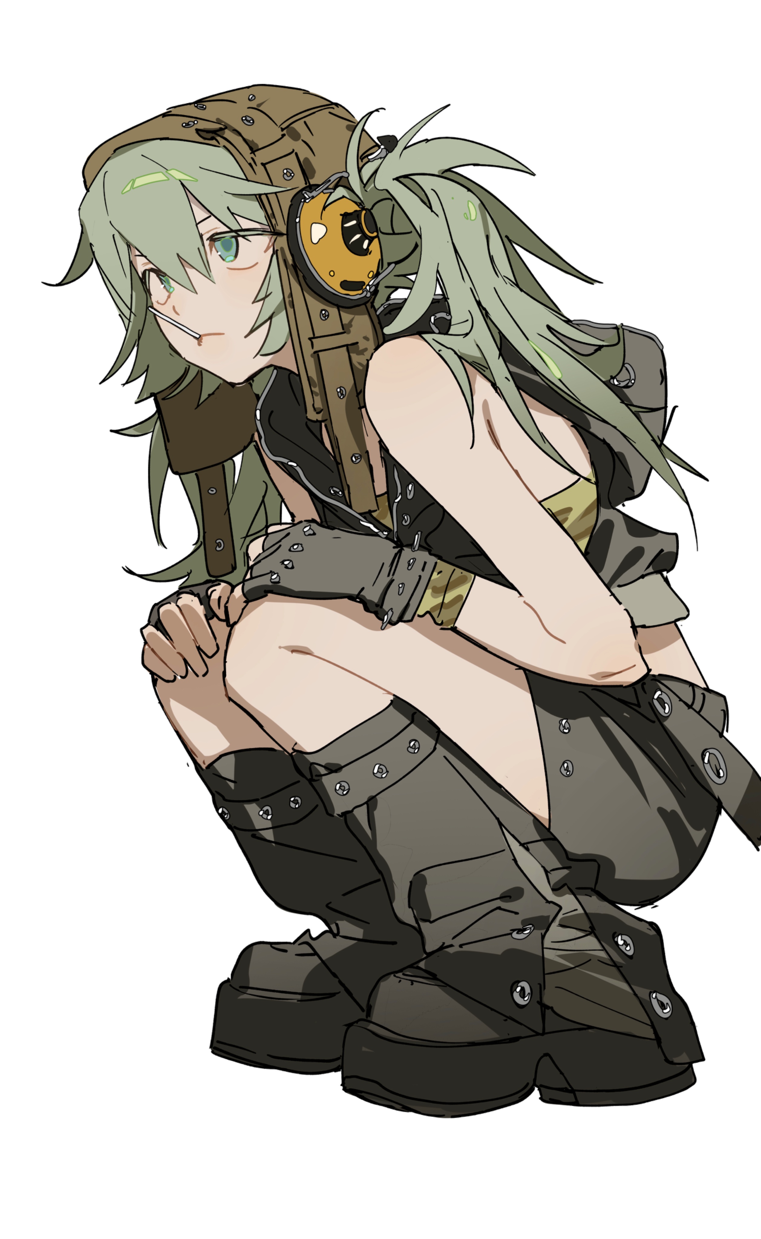 a fullbody digital artwork of a greenhaired girl in military garb crouching and facing left with a lollipop in her mouth. the girl is wearing a militarystyle helmet with a headset, gloves, boots, and other militarystyle clothing. her left arm is tucked in against her chest.