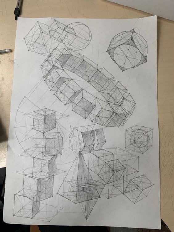 the image shows a detailed pencil sketch on white paper featuring a variety of geometric shapes, primarily cubes, in different perspectives and arrangements. the cubes are drawn with meticulous attention to detail, using numerous construction lines to accurately represent their threedimensional forms.  some cubes are partially overlapping or interlinked, while others are isolated.  there's also a sphere and what appears to be a pyramid or cone included in the composition.  the overall style suggests a technical or engineering drawing, possibly an exercise in perspective or spatial reasoning. the light shading and precise lines indicate a careful and controlled artistic approach.