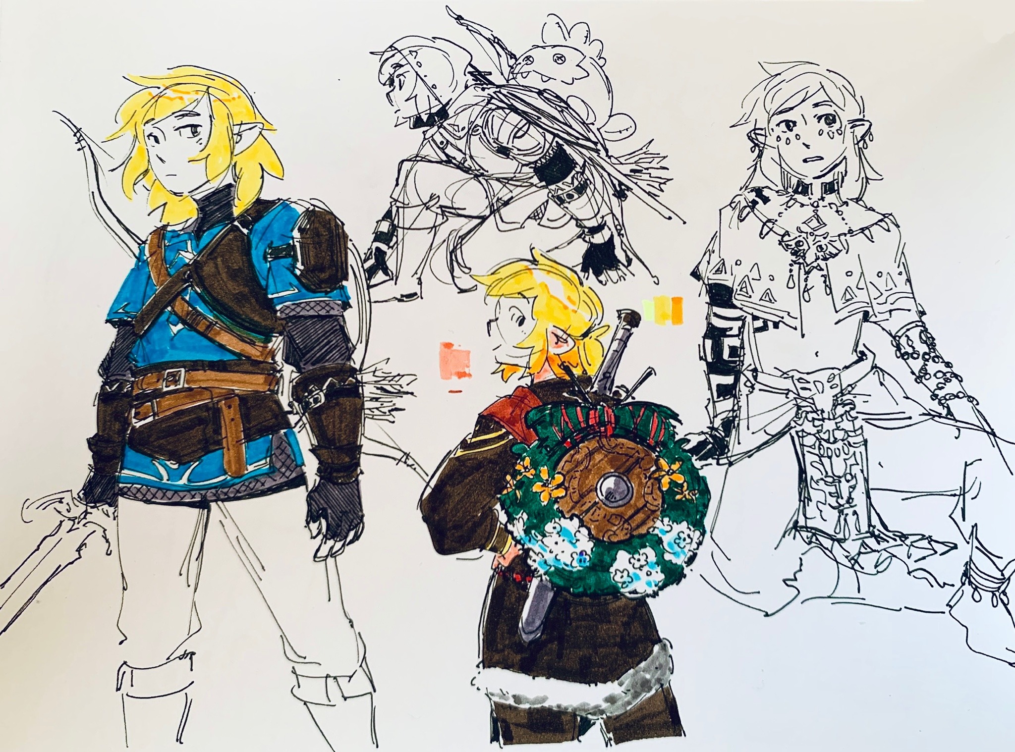 this is a fan art sketch of link from the legend of zelda: breath of the wild video game. the sketch features link in a variety of outfits and poses.