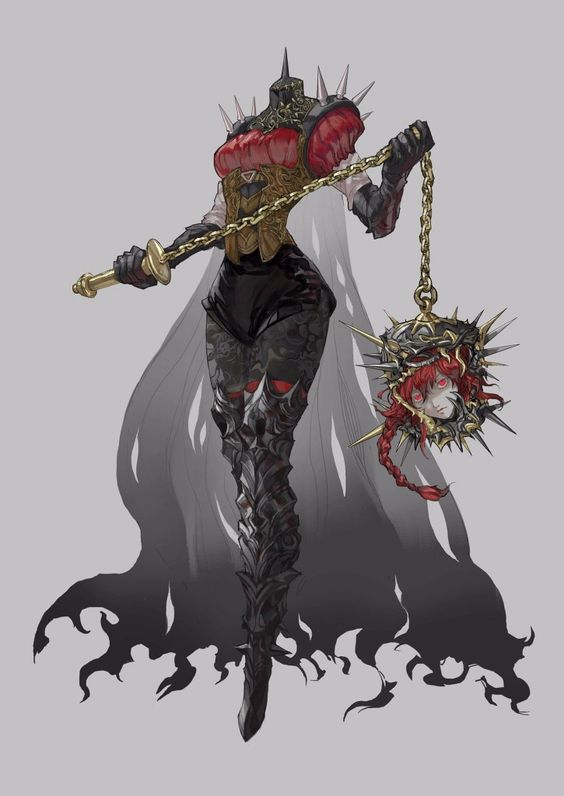 a female warrior stands poised, clad in ornate black and gold armor. her helmet is a crown of spikes, echoing the vicious spiked mace she carries. the mace itself is a gruesome detail, featuring a cage with a screaming, agonized head trapped inside. her flowing black cape adds to her imposing presence. the overall aesthetic is dark and gothic.