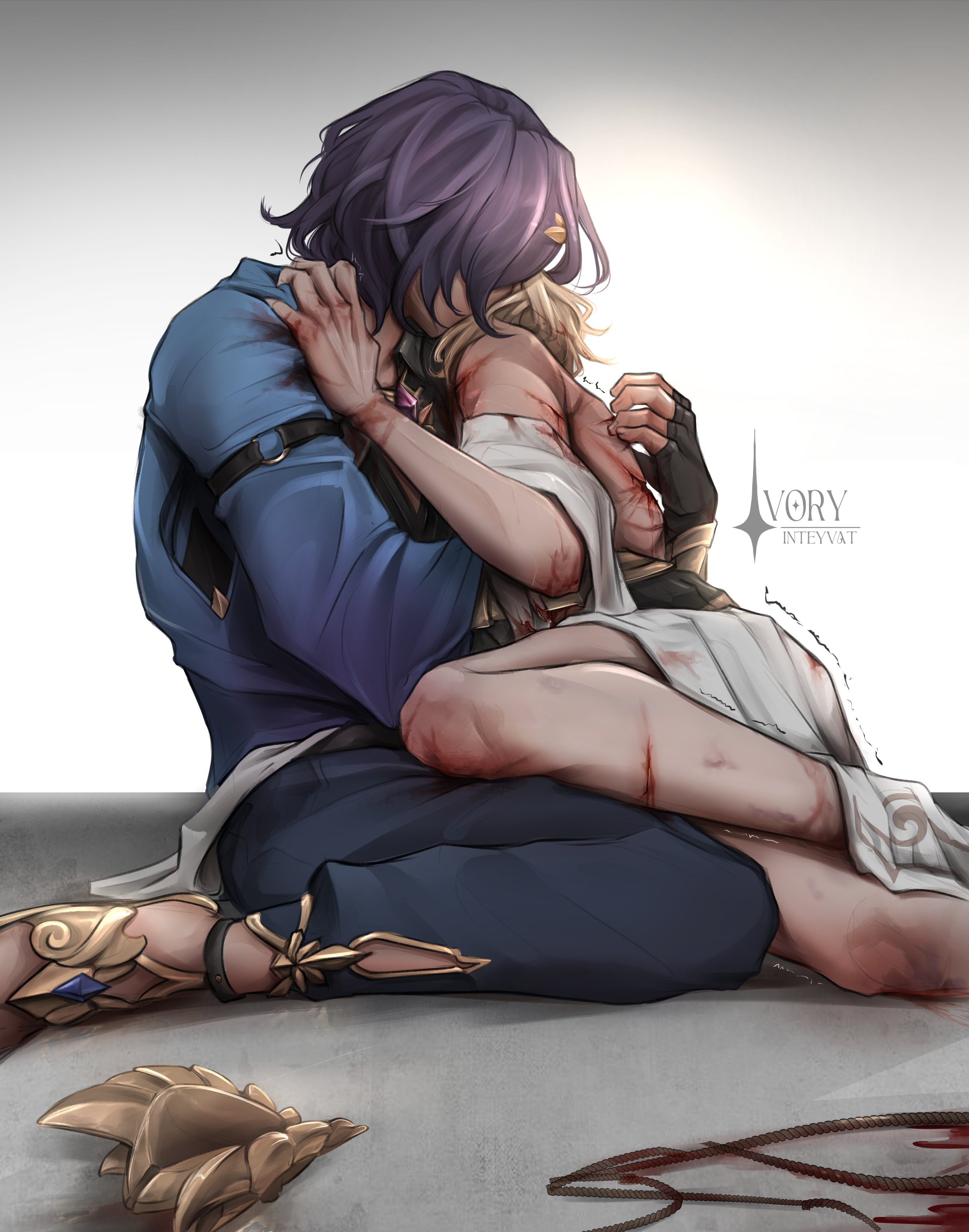 the image depicts a sorrowful scene of two anime characters embracing tightly. the male character, with purple hair, is holding the female character, who has blonde hair, close to him. both characters are heavily injured, with blood staining their bodies and clothing. their expressions are filled with sadness, reflecting a deep sense of loss and pain. the image suggests a tragic situation, possibly involving the death of someone dear or a great personal loss. the overall atmosphere is heavy with sorrow and heartbreak. the detailed artwork, using vibrant colors and intricate details, conveys a powerful emotional impact.