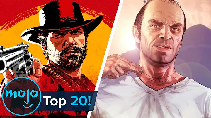 the image shows a split screen with arthur morgan from red dead redemption 2 on the left and trevor phillips from grand theft auto v on the right. the left side features a more stylized, painterly aesthetic with warm tones, while the right side presents a more realistic art style with cooler colors. both characters are depicted in closeup, conveying a sense of intensity and seriousness. text on the left side reads "top 20!" indicating that this image is likely related to a video game ranking list.