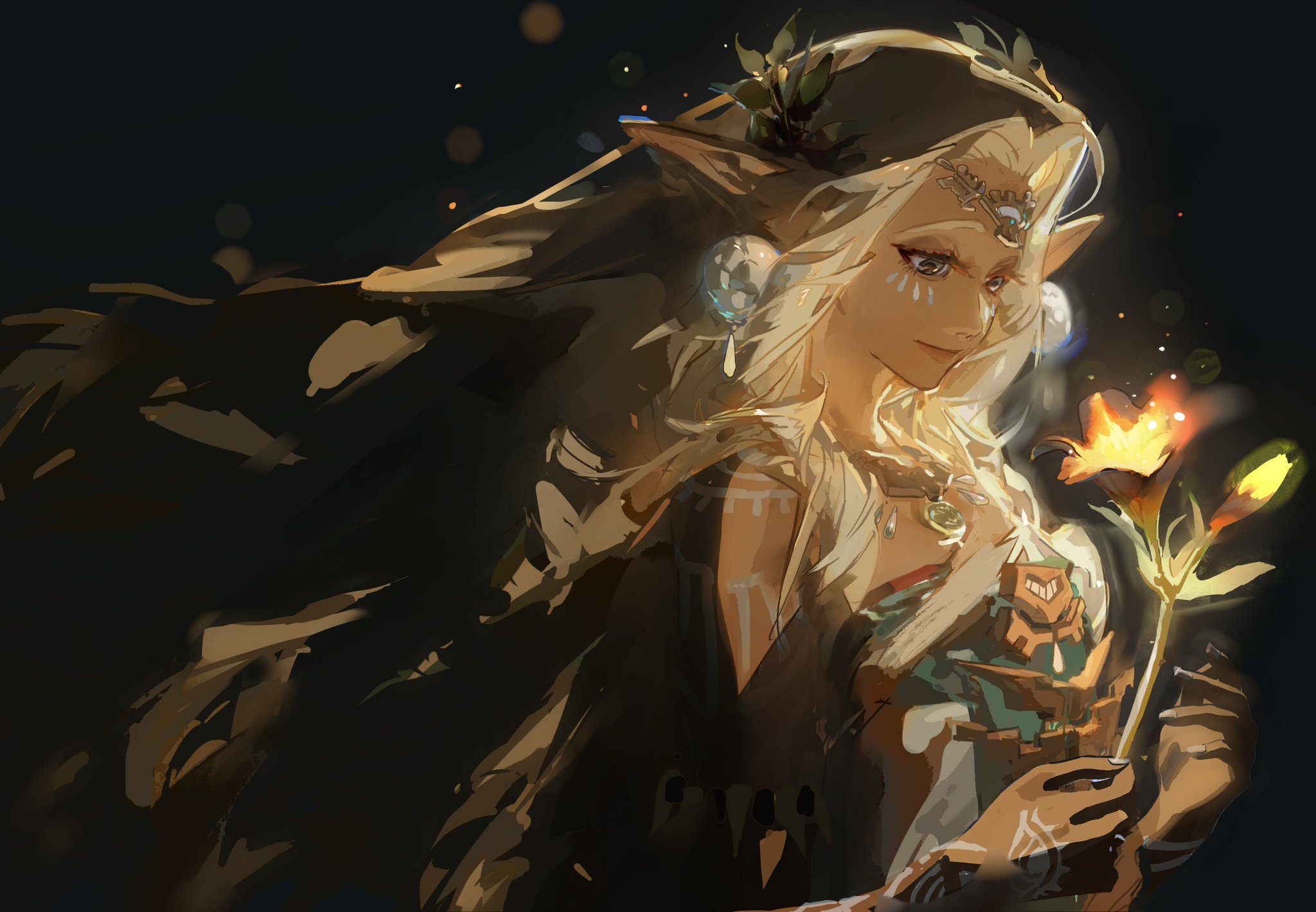 a digital illustration of a fantasy elf woman with white hair, blue eyes and a cloak, standing in the dark and holding glowing flowers. she appears to be magical and mystical.