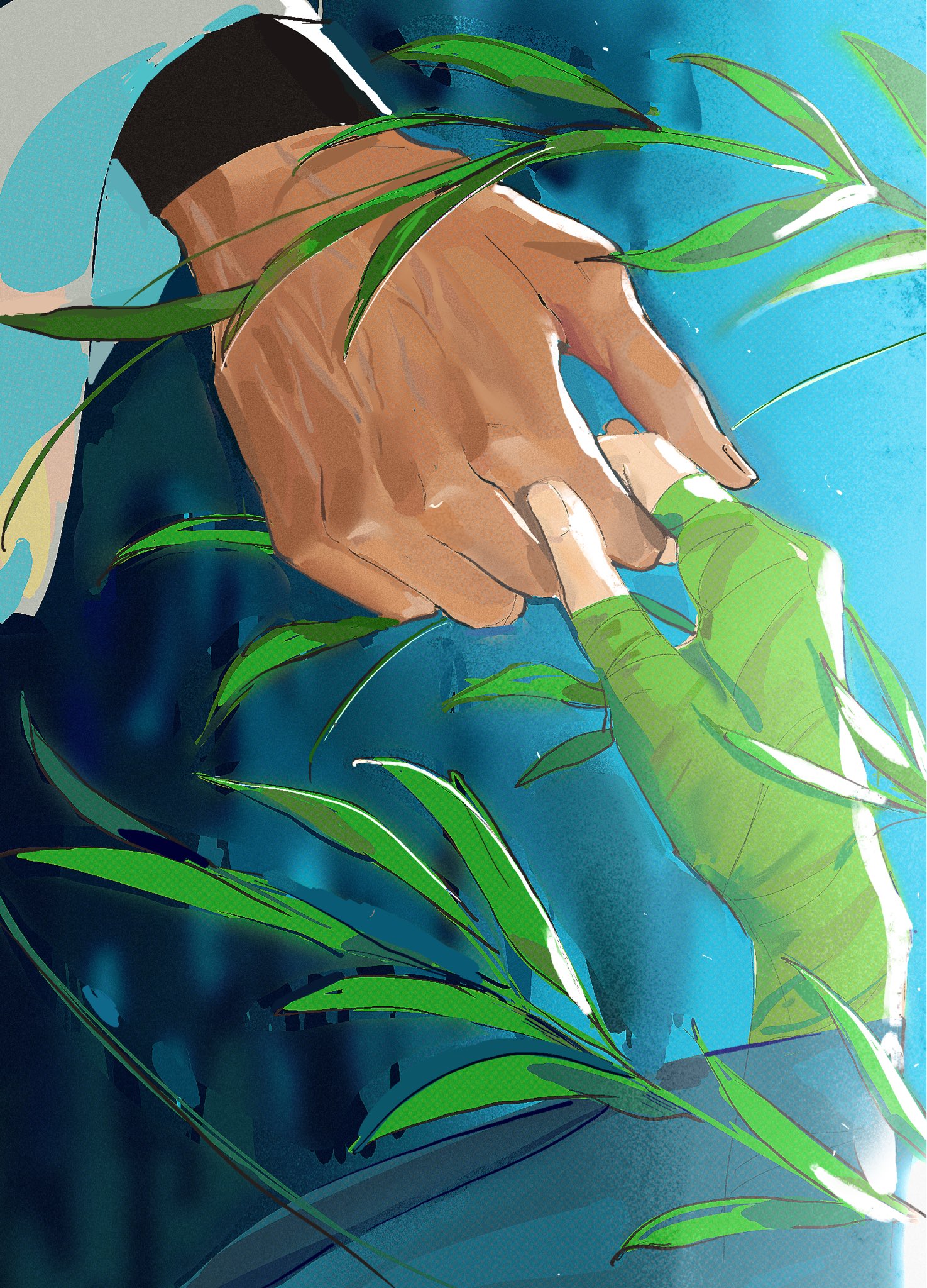 the image shows two hands reaching for each other and holding hands amidst a backdrop of bamboo leaves. the hands, one darkerskinned and the other lighterskinned, are depicted with a soft, painterly style. the bluegreen background creates a serene and intimate atmosphere. the bamboo leaves, rendered in varying shades of green, symbolize growth and resilience. the composition focuses on the connection between the two individuals, emphasizing their love and support for each other.