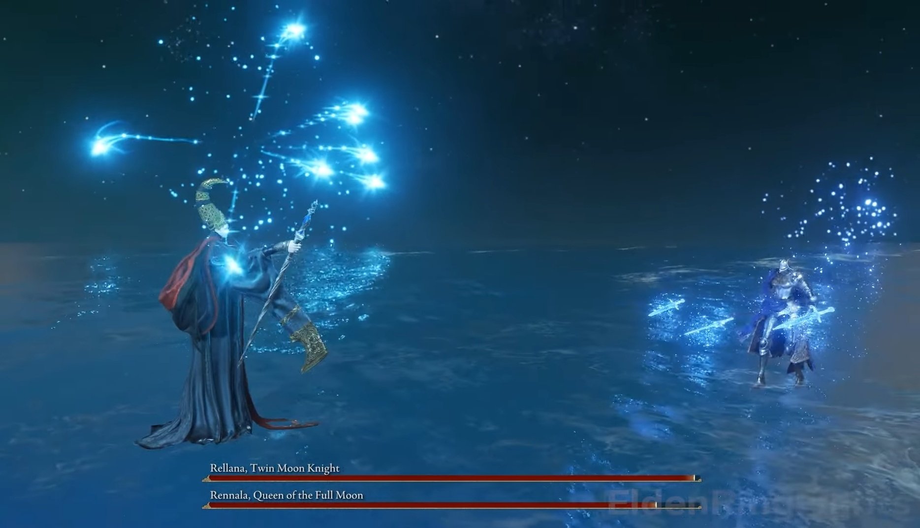 the image is a screenshot from the video game elden ring, depicting a boss battle against rennala, queen of the full moon. rennala, a wizard wearing a tall hat and dark robes, is casting a spell that creates blue, starlike projectiles. in the distance, rellana, twin moon knight, is on horseback, also emitting a blue aura. the environment appears to be a watery arena. the boss health bars are visible at the bottom of the screen.