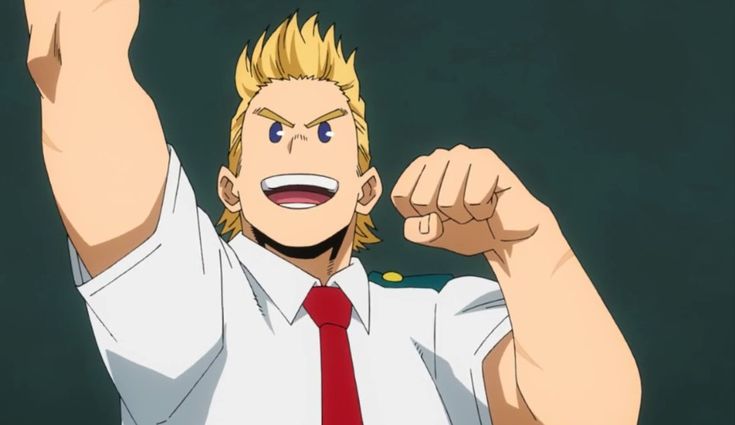 this is a close up shot of a male anime character, izuku midoriya, from the anime series my hero academia. he is wearing a white shirt, red tie, and green jacket. he has blond hair and is smiling brightly.  his right arm is raised in the air, with his fist clenched. his left arm is bent at the elbow, and his fist is clenched. he has a look of excitement and determination on his face. the background is a dark green wall.