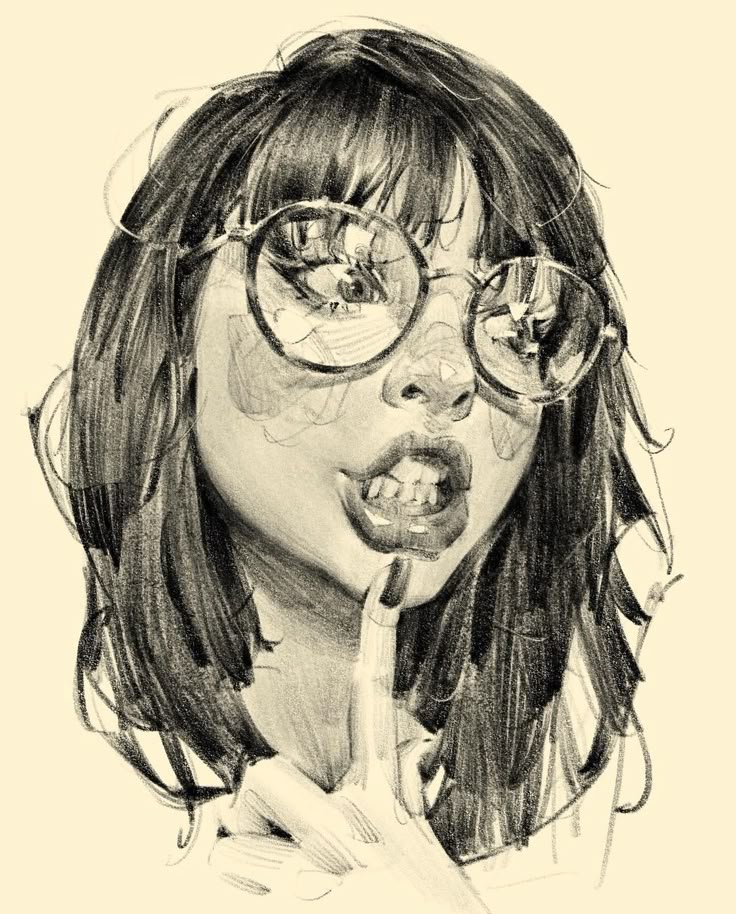a monochrome pencil drawing of a young woman with dark hair and round glasses. she has a thoughtful expression, with her finger pressed to her lips in a "shush" gesture. the drawing is a closeup portrait, capturing her intriguing and slightly mysterious demeanor. the art style is reminiscent of a sketch, with expressive lines and shading.
