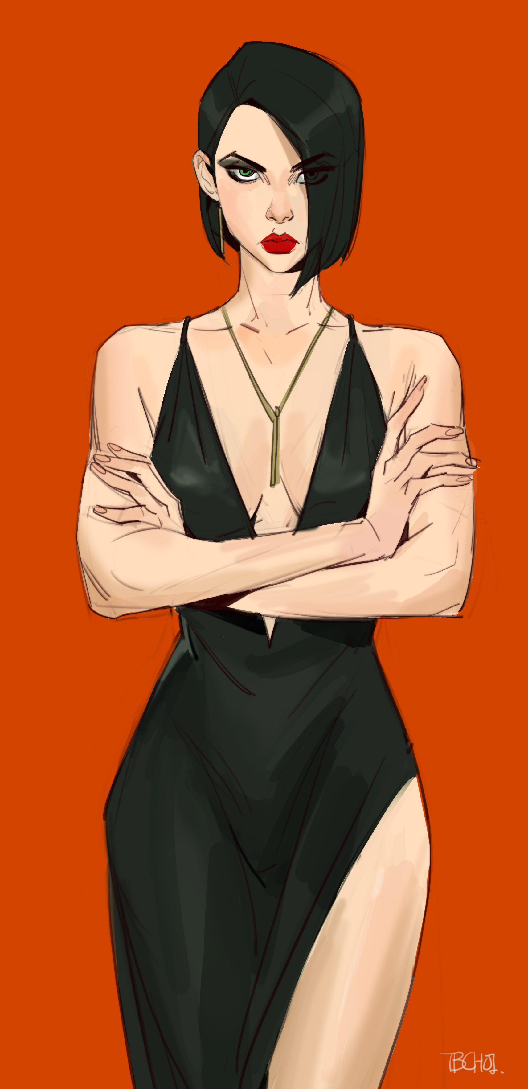 the image is a digital painting or illustration of a stylish woman. she has short black hair styled in a bob, red lipstick, and is wearing a black, formfitting dress with a plunging neckline. her arms are crossed over her chest, and she has a serious, confident expression. the background is a solid orange color, which contrasts with her dark attire. the overall style is sleek and modern. the artwork is likely created for fashion, character design, or artistic purposes.