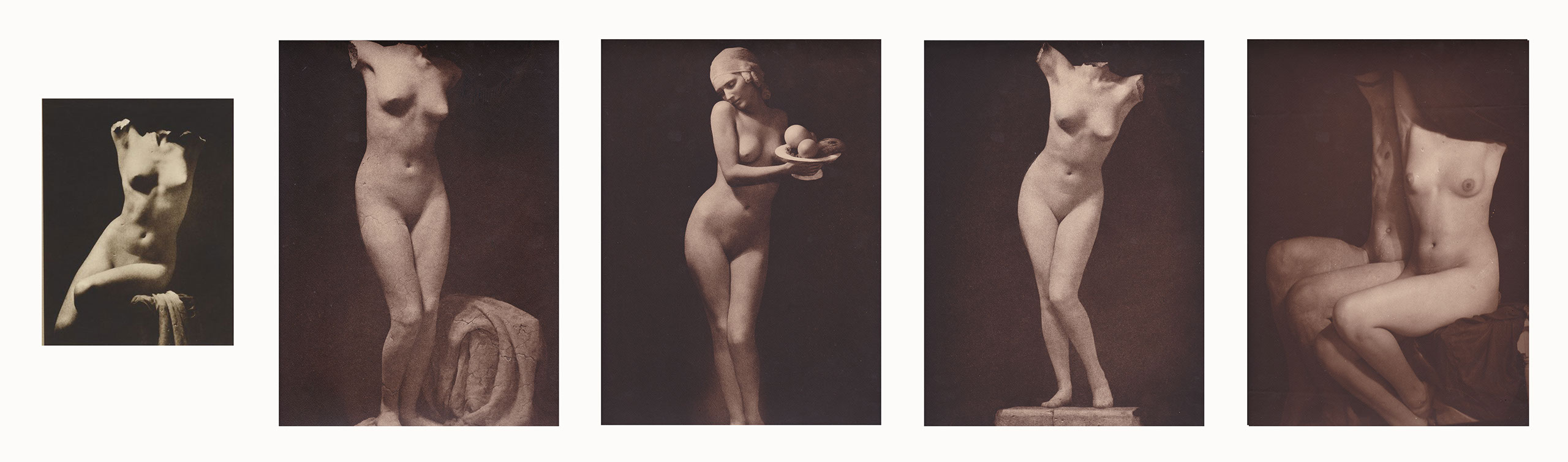 he image is a collage of five sepiatoned photographs, each depicting a different nude female figure.  the styles range from what appears to be photographic studies of classical sculpture to more contemporary photographic nudes. one image shows a seated nude; another, a nude woman holding a bowl.  the photographs are presented in a consistent style, emphasizing form and shadow play.  the overall impression is one of artistic exploration of the female form through different approaches to photography and representation of the nude.