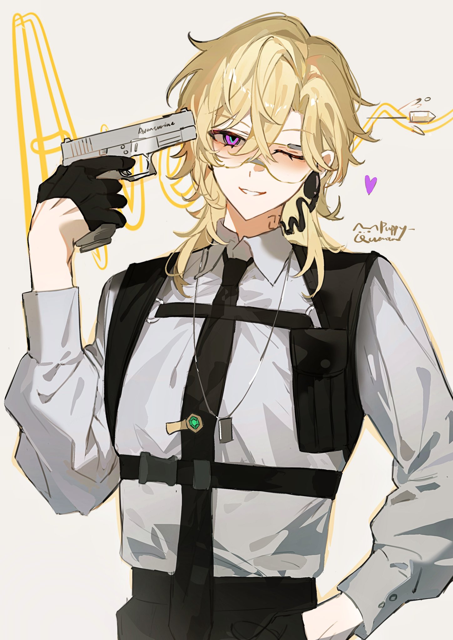 the illustration depicts a young anime boy with blonde hair. he is wearing a tactical vest and a black tie over a white buttonup shirt. he is also wearing a necklace with a green gem pendant. he is holding a gun, with a serious expression on his face. the background is a simple white with a yellow line on the left and a purple heart on the right.