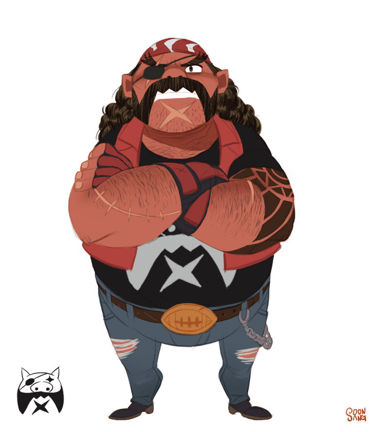 a digital illustration of a toughlooking character with a pirate and biker theme. he is a large man with curly black hair, a bandana, an eyepatch, a mustache, and several scars. he wears a red vest, a black graphic tee, ripped jeans, a studded belt, and a football belt buckle. his arms are crossed, and he has a confident stance. a simplified, black and white logo version of the character is shown in the bottom left corner.