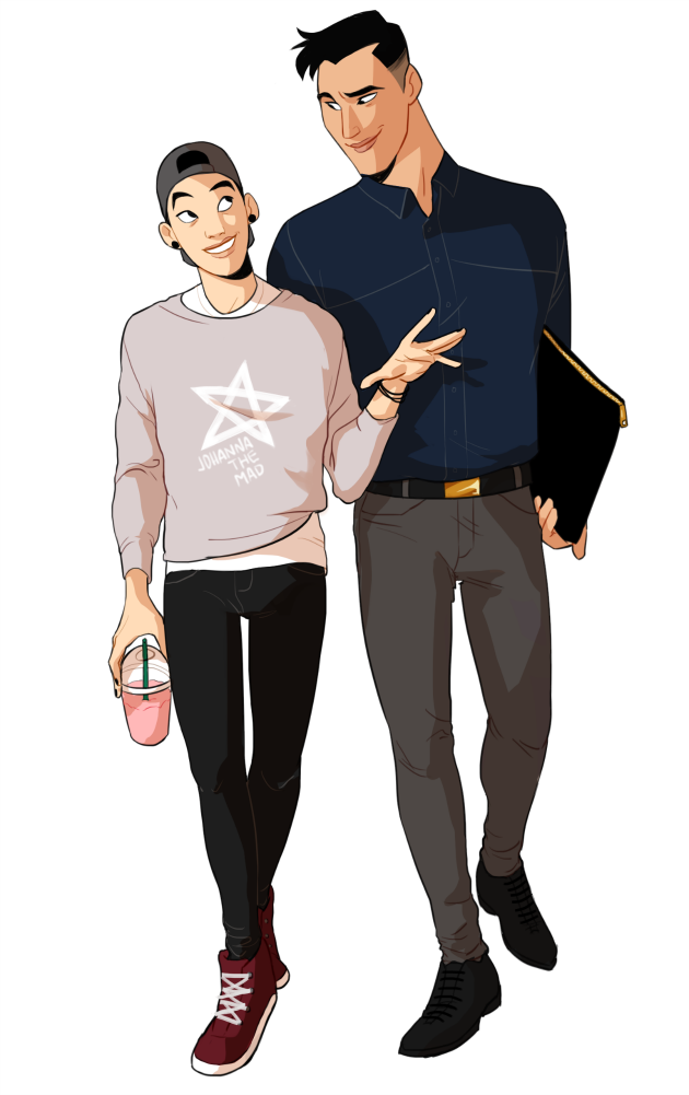 two men are walking together. the man on the left is shorter and wearing a grey sweatshirt, black pants, and red sneakers. he is holding a pink drink in his right hand. the man on the right is taller and wearing a dark blue buttondown shirt, grey pants, and black shoes. he is holding a black folder in his left hand. the two appear to be in a relationship.