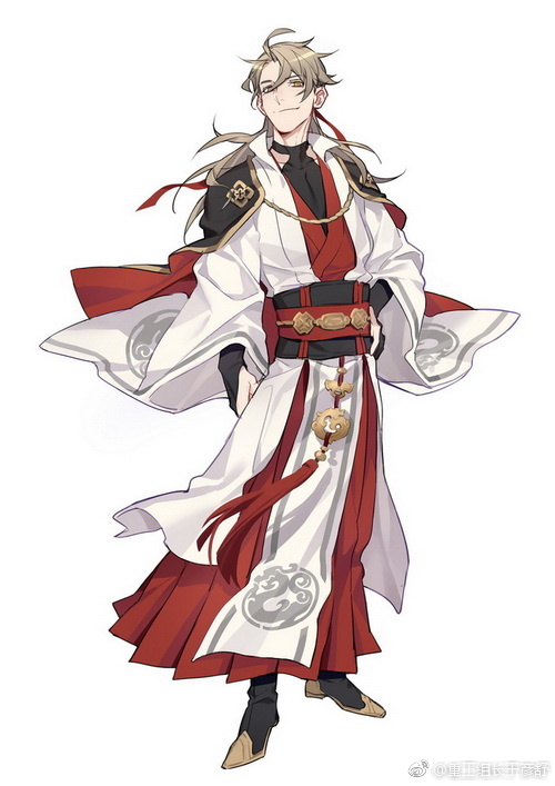 the image shows a male anime character standing in a confident pose. he is wearing a traditional japanese kimono with black and white colors, with a red sash and gold accents. his hair is long and blond, and he is wearing black shoes. he is looking straight ahead with a confident expression.