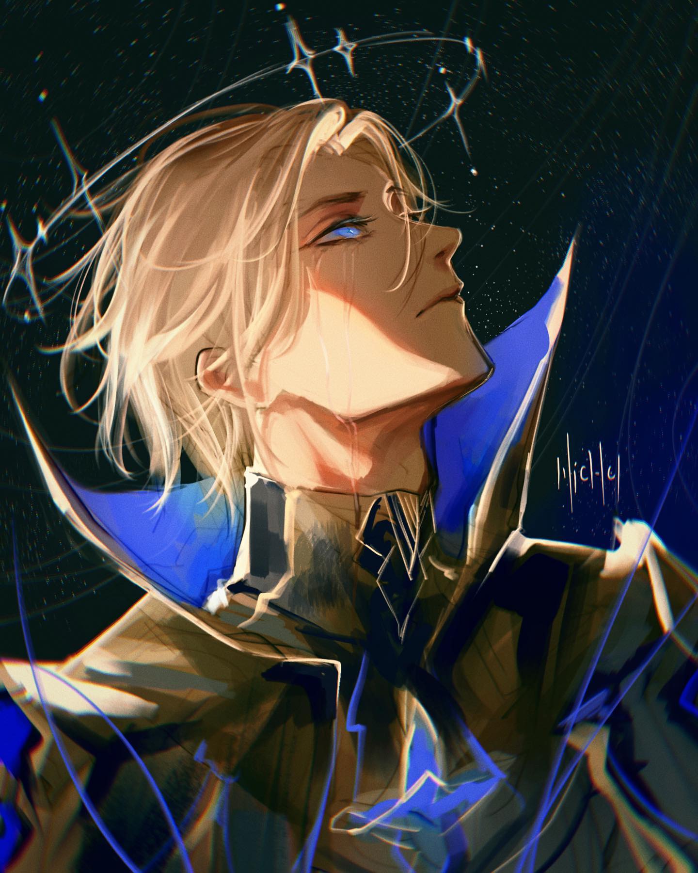 the image is a digital painting or illustration of a young man with long, blond hair and blue eyes. he's portrayed in a stylized, almost ethereal manner, with a dramatic use of light and shadow.  his attire is a sophisticated, darktoned coat with a prominent blue collar, adding to his elegant and somewhat mysterious appearance.  a celestial element is present with glowing stars or sparkles around his head. the overall style is evocative of anime or fanart, with a painterly texture and loose brush strokes adding to the artistic feel. the expression on his face is one of quiet contemplation or wistfulness. the background is dark, drawing attention to the figure in the foreground.