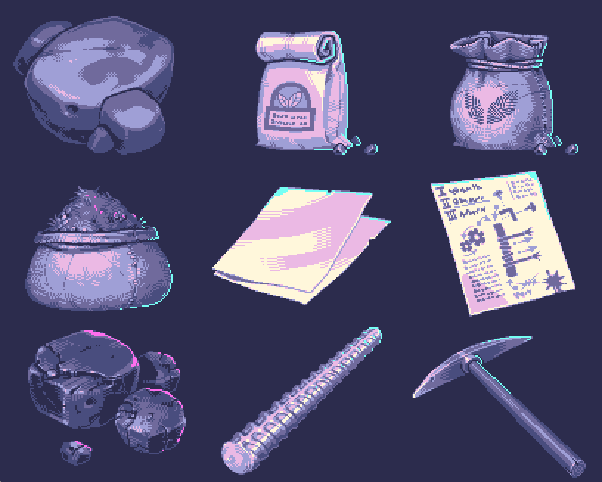 the image showcases a collection of pixel art assets, likely intended for a video game.  the assets depict various items one might find in a game's inventory or as resources for crafting.  these include rocks and ore, bags of seeds and minerals, a rolledup bag of fertilizer, a map or blueprint, a pickaxe, and a drilllike tool.  the style is distinctly 8bit or retro pixel art with a predominantly purple and blue color scheme, giving it a fantasy or rpg vibe. each item is rendered with a detailed pixel style, maintaining consistency and visual appeal.